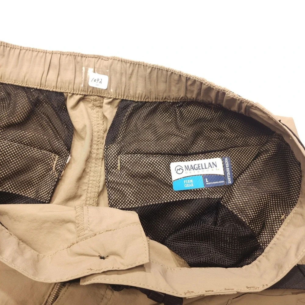 Magellan Fish Gear Swim Shorts Mens L Beige Cargo Belted Mesh Lined
